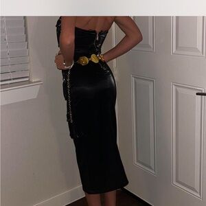 Black Satin Strapless Midi Dress